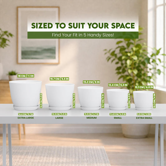 Utopia Home Blumentöpfe 5er Set, 12–18 cm, Pflanztöpfe mit Untersetzer für Zimmerpflanzen, Balkon & Garten, Weiß