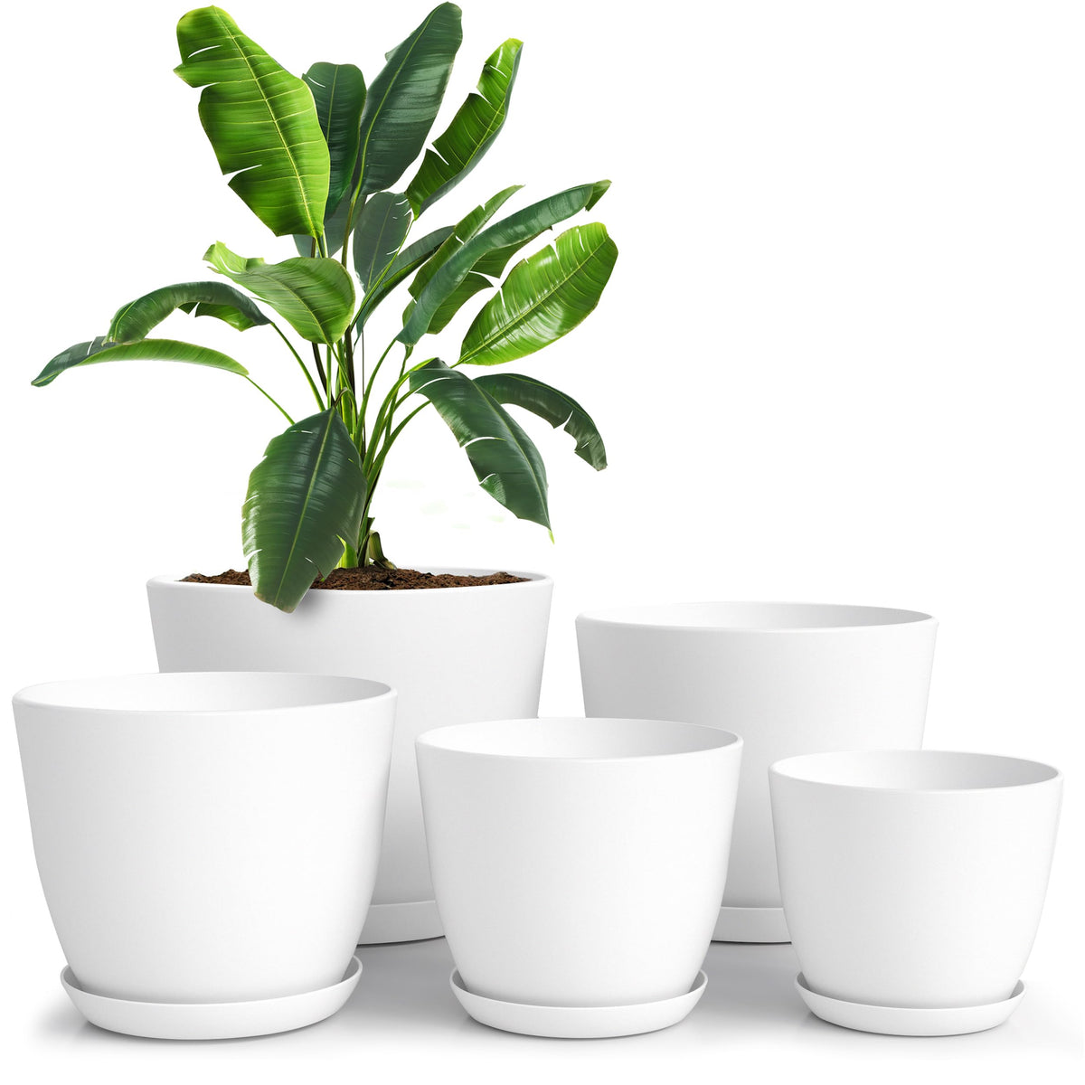 Utopia Home Blumentöpfe 5er Set, 12–18 cm, Pflanztöpfe mit Untersetzer für Zimmerpflanzen, Balkon & Garten, Weiß