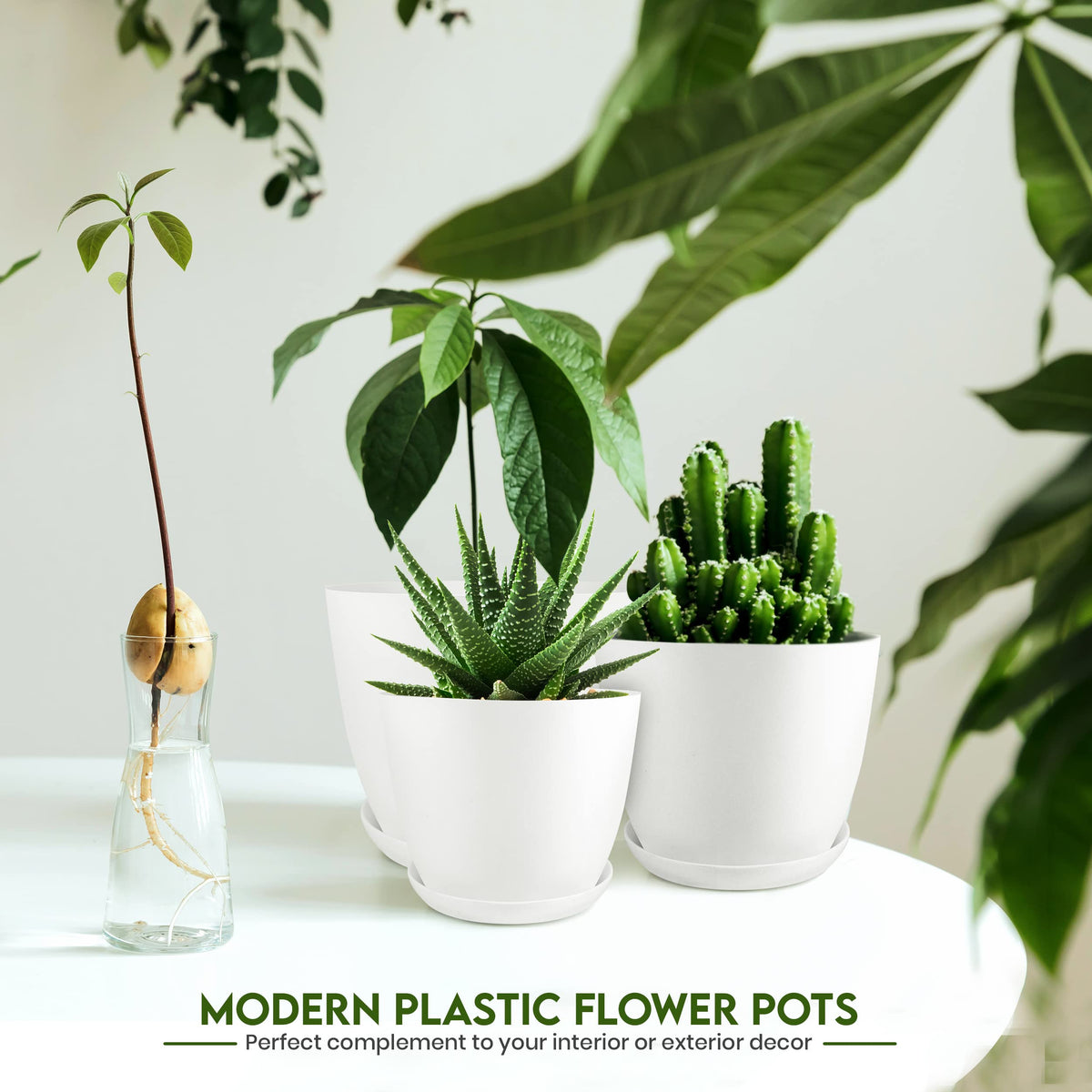 Utopia Home Blumentöpfe 5er Set, 12–18 cm, Pflanztöpfe mit Untersetzer für Zimmerpflanzen, Balkon & Garten, Weiß
