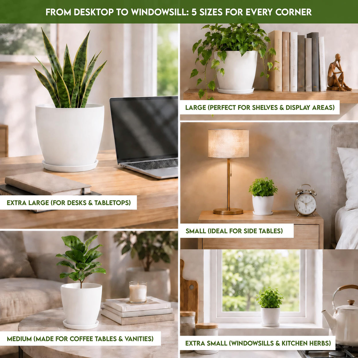 Utopia Home Blumentöpfe 5er Set, 12–18 cm, Pflanztöpfe mit Untersetzer für Zimmerpflanzen, Balkon & Garten, Weiß
